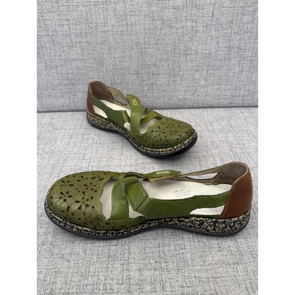 Rieker Antistress Green Leather Floral Laser Cut Mary Jane Flats Shoes 40